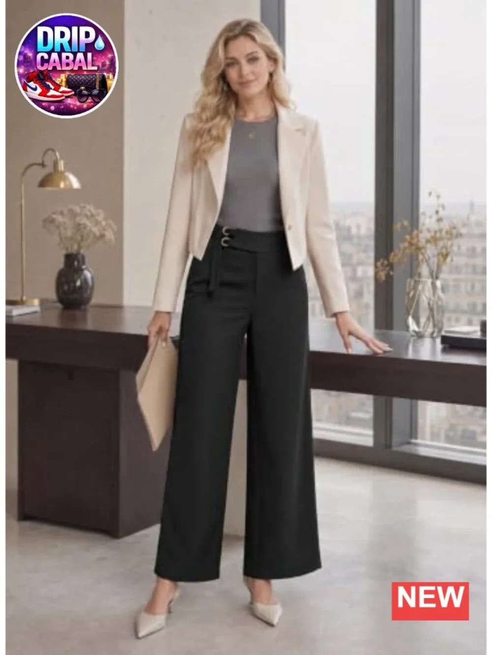 High Waisted Wide Leg Work Pants Women Business Casual Slacks w Pockets & Belt